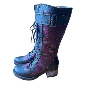 L'Artiste Kisha Leather Boots Black Plum Flowers Size EU 36 USA 5.5 Punk Goth